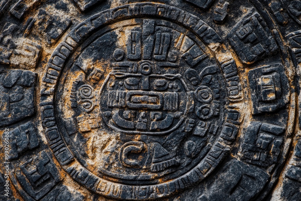 Obraz premium Carved stone texture with ancient symbols and deep engravings, worn by time