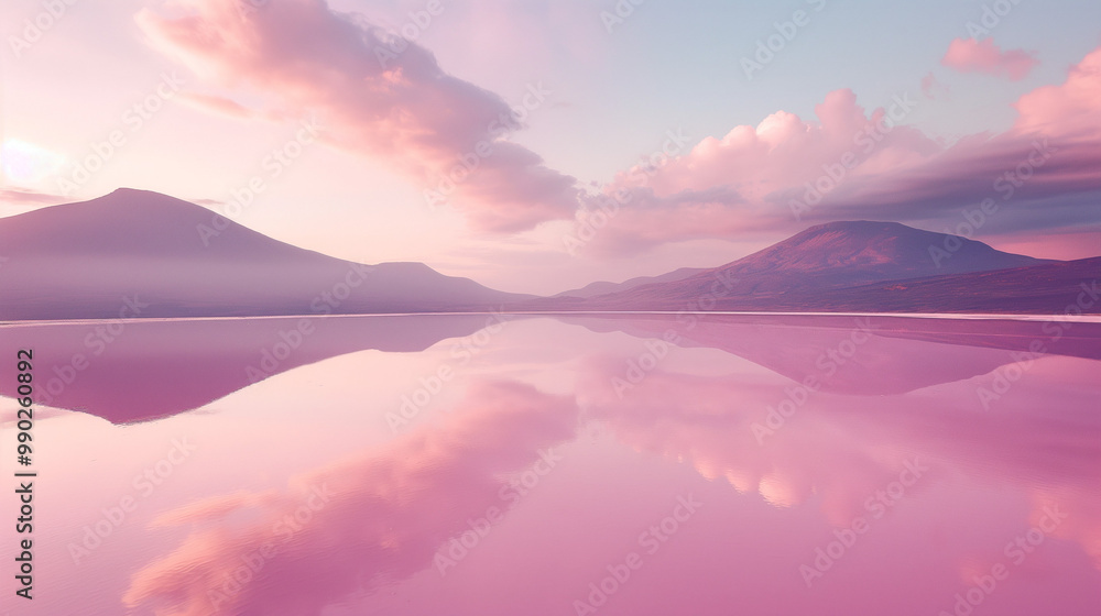 a serene and surreal landscape where the sky meets a vast pink salt flat bordered by gentle slopes. The scene is bathed in a soft dawn light, creating a tranquil glow. The pastel colors and minimalist a serene and surreal landscape where the sky meets a vast pink salt flat bordered by gentle slopes. The scene is bathed in a soft dawn light, creating a tranquil glow. The pastel colors and minimalist