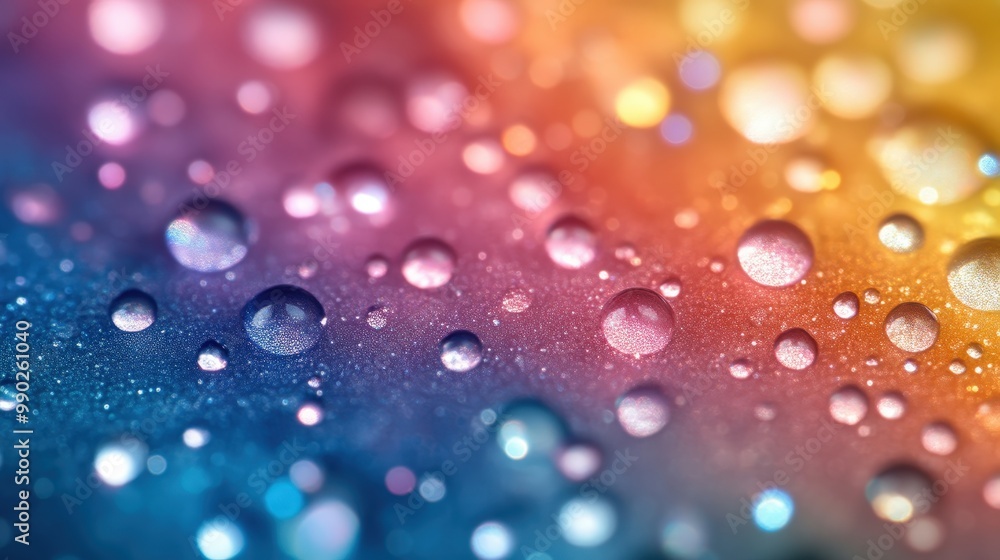 Closeup Water Droplets On Colorful Gradient Surface With Sparkling Light Closeup Water Droplets On Colorful Gradient Surface With Sparkling Light
