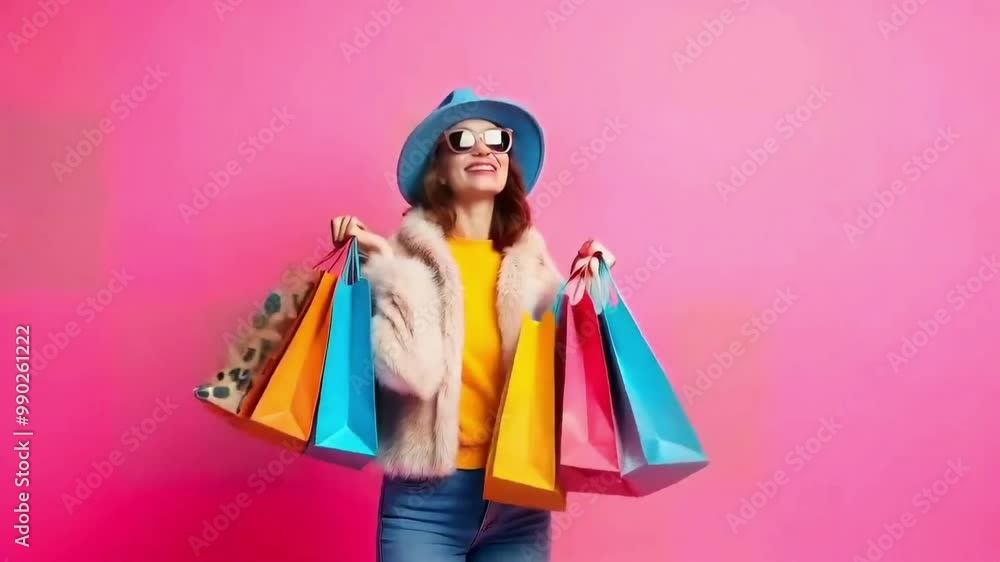 pretty millennial lady carry many packs shopper tourism abroad look unbelievable sales low prices mall wear fluffy jacket sun specs blue hat pink background pretty millennial lady carry many packs shopper tourism abroad look unbelievable sales low prices mall wear fluffy jacket sun specs blue hat pink background