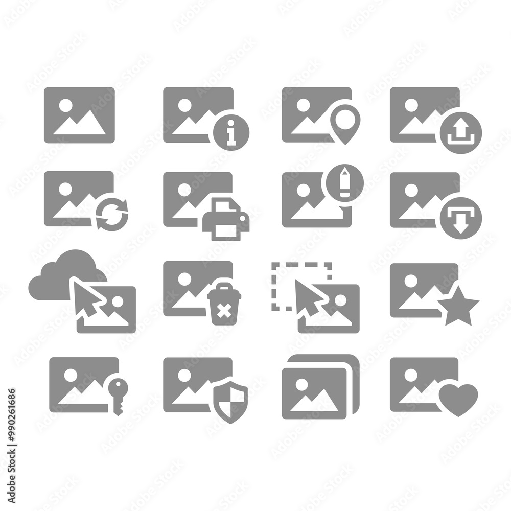 Picture, photo file download and upload vector icon set. Image, stared and hearted, refreshing and deleting icons. Picture, photo file download and upload vector icon set. Image, stared and hearted, refreshing and deleting icons.