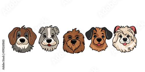 Set of heads of different breeds dogs.