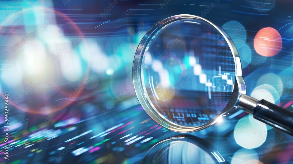 A magnifying glass focusing on intricacies of a glowing financial chart against a blurred background A magnifying glass focusing on intricacies of a glowing financial chart against a blurred background