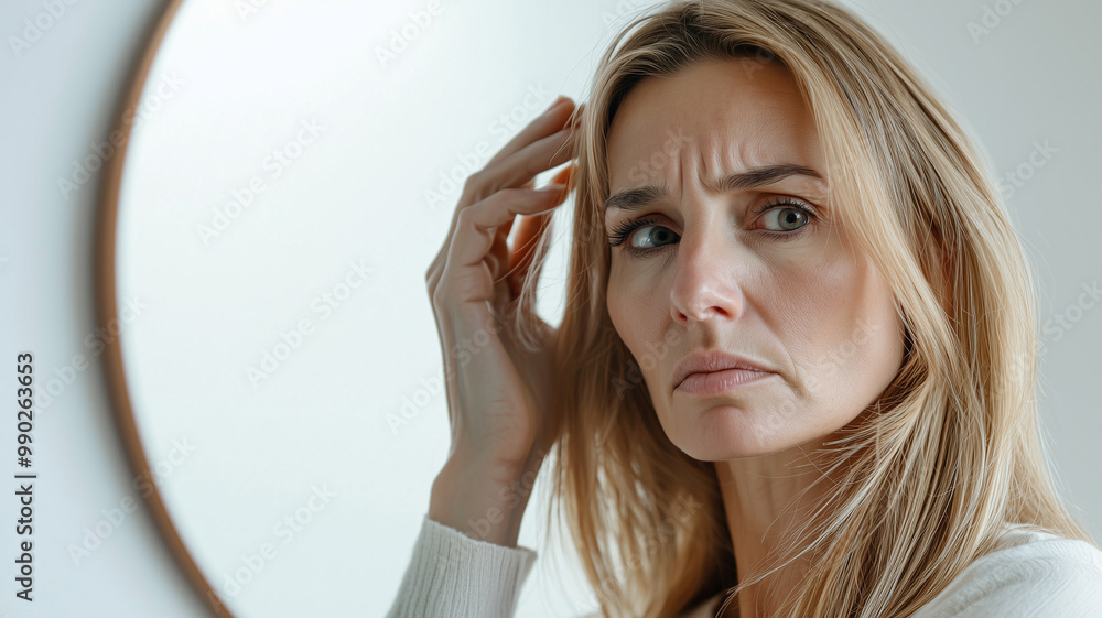 Obraz premium Middle-Aged Woman Experiencing Despair and Discomfort from Skin Discoloration While Looking in the Mirror..