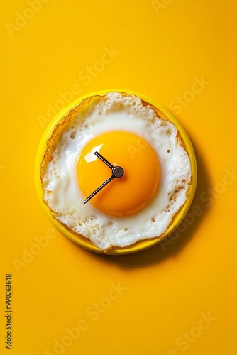 A yellow alarm clock made of fried egg on a solid background