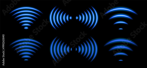 3D Wi-Fi waves with blue neon radial light. Wireless data transmission and radar signal effect. Glowing symbols for sound scan technology and network monitoring. Symbols digital flow and protection.
