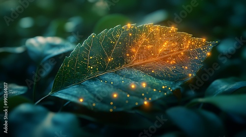 A close-up of a leaf with circuitry, symbolizing the blend of nature and technology in eco-innovation photo