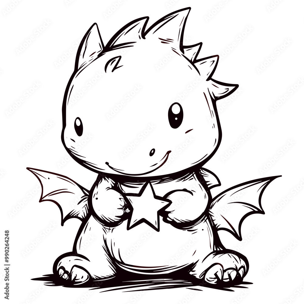 Fototapeta premium Little cute cartoon dragon. Vector illustration. Black and white illustration for a coloring book
