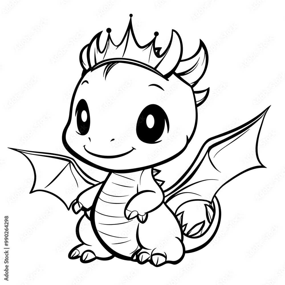 Fototapeta premium Little cute cartoon dragon. Vector illustration. Black and white illustration for a coloring book