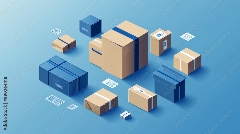 Delivery Boxes and Packaging on a Blue Background Delivery Boxes and Packaging on a Blue Background