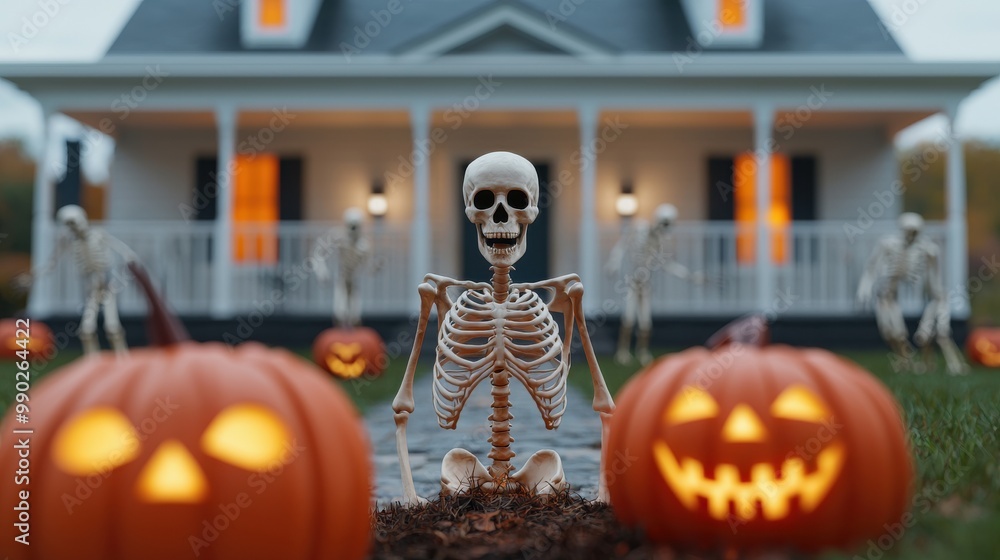 Obraz premium Halloween skeleton decoration in front of a spooky house.