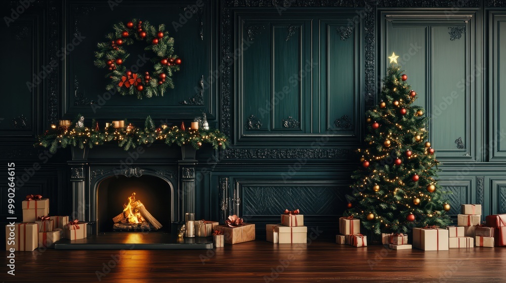 Holiday able with christmas tree and fireplace. with copy space Holiday able with christmas tree and fireplace. with copy space