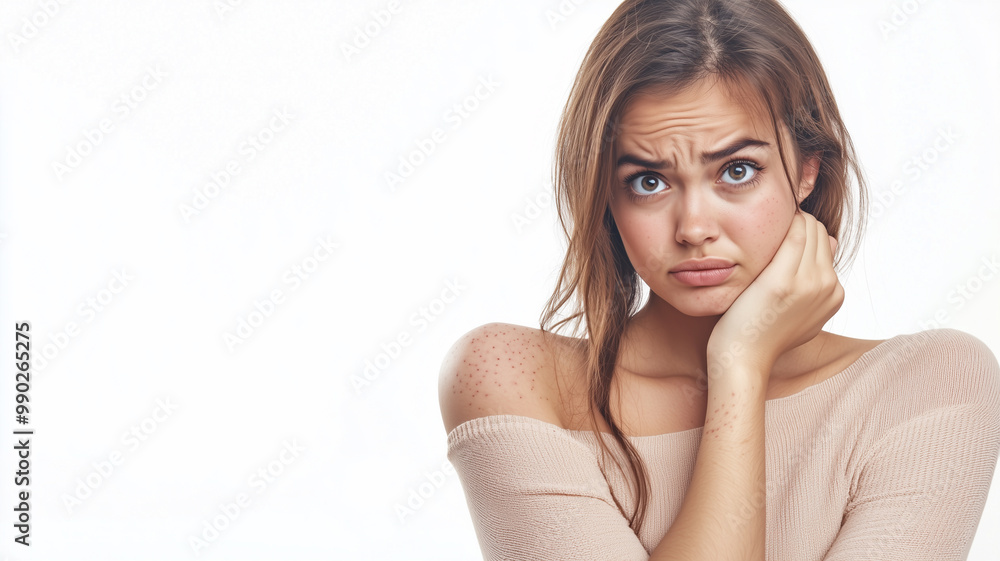 Woman Holding Her Arm with a Worried Expression, Feeling Stress and Embarrassment from Visible Scars.. Woman Holding Her Arm with a Worried Expression, Feeling Stress and Embarrassment from Visible Scars..