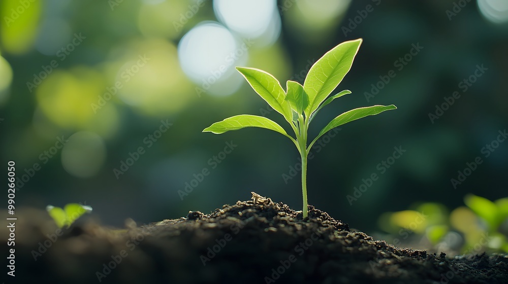 A Single Sprout Emerges From Dark Soil in a Sunlit Forest
