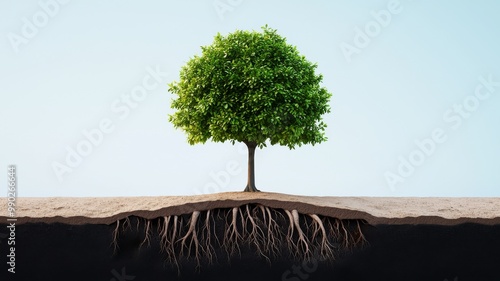 A solitary green tree stands above the soil, revealing its intricate root system beneath, symbolizing strength and growth. photo