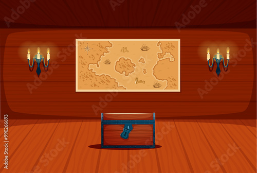 Pirate ship cabin inside interior. Cartoon vector wooden corsair boat cabin featuring treasure chest, vintage map on the wall and two candle sconces, evokes a sense of adventure and hidden treasure