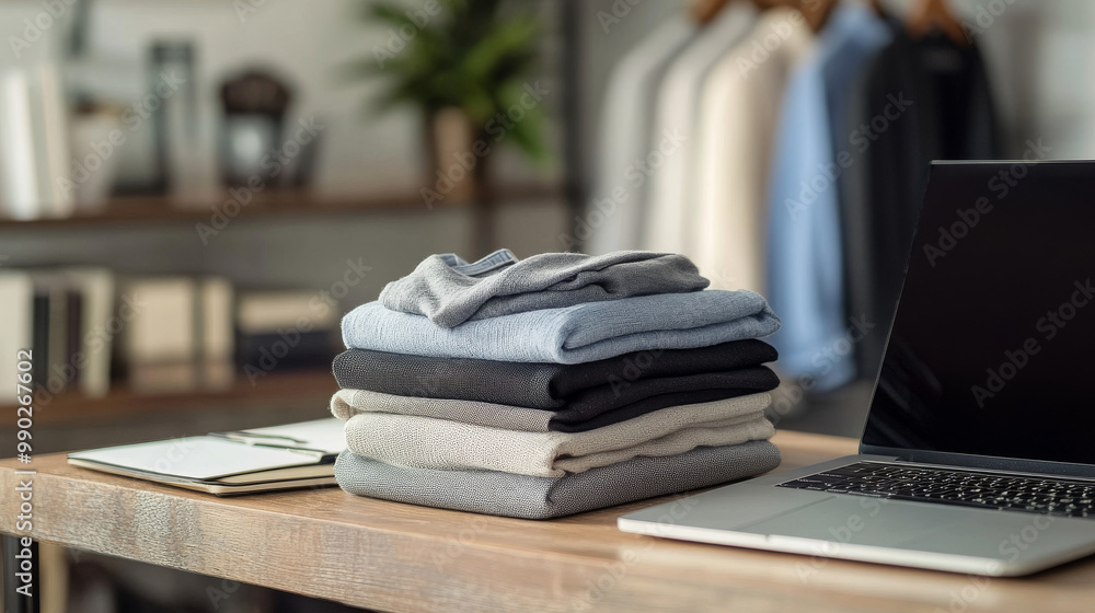 A stack of neatly folded sweaters in neutral tones placed on a wooden desk alongside a laptop, blending cozy fashion with a modern workspace.
A stack of neatly folded sweaters in neutral tones placed on a wooden desk alongside a laptop, blending cozy fashion with a modern workspace.
