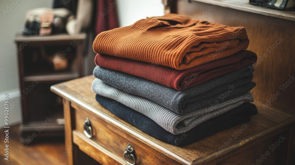 Obraz premium A neatly folded stack of warm sweaters in earthy tones, placed on a rustic wooden shelf, evoking a cozy autumn or winter vibe. 