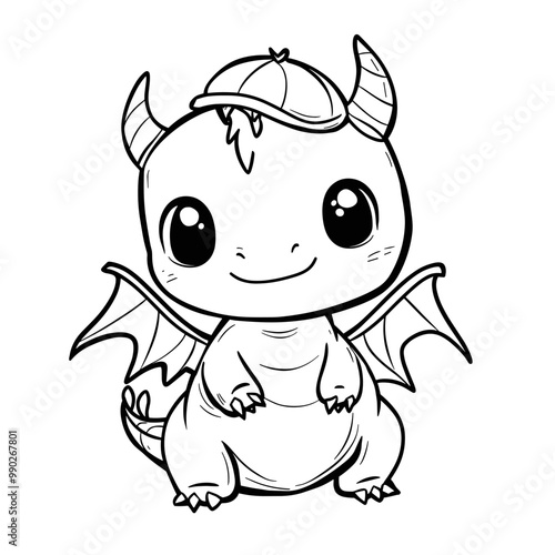 Cute cartoon dragon. Black and white cartoon isolated vector illustration on white background for coloring book