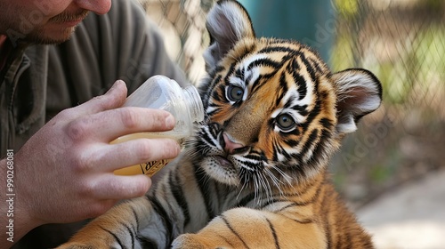 A Man Feeding a Tiger Cub from a Bottle