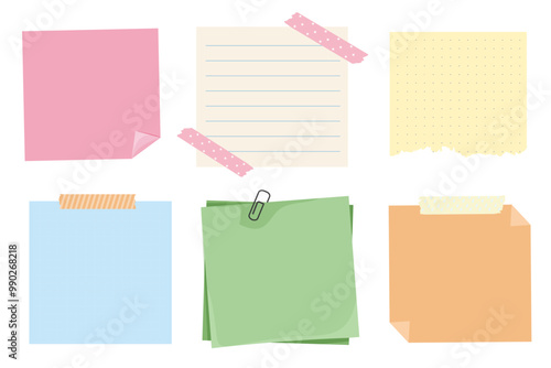 Memo notes, paper for note with clip, postit. Planner notebook page. Idea list. Post note sticker. Quote frame, reminder.