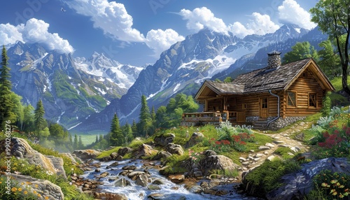 Rustic log cabin by mountain stream in lush forest