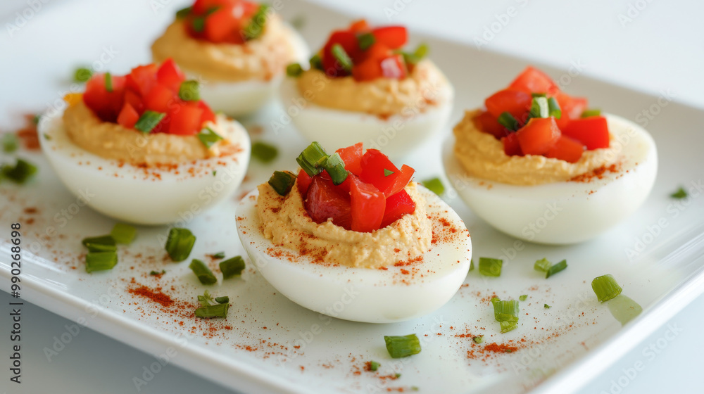 Classic deviled eggs topped with diced red peppers, green onions, and a sprinkle of paprika, adding color and flavor to this popular appetizer.
Classic deviled eggs topped with diced red peppers, green onions, and a sprinkle of paprika, adding color and flavor to this popular appetizer.