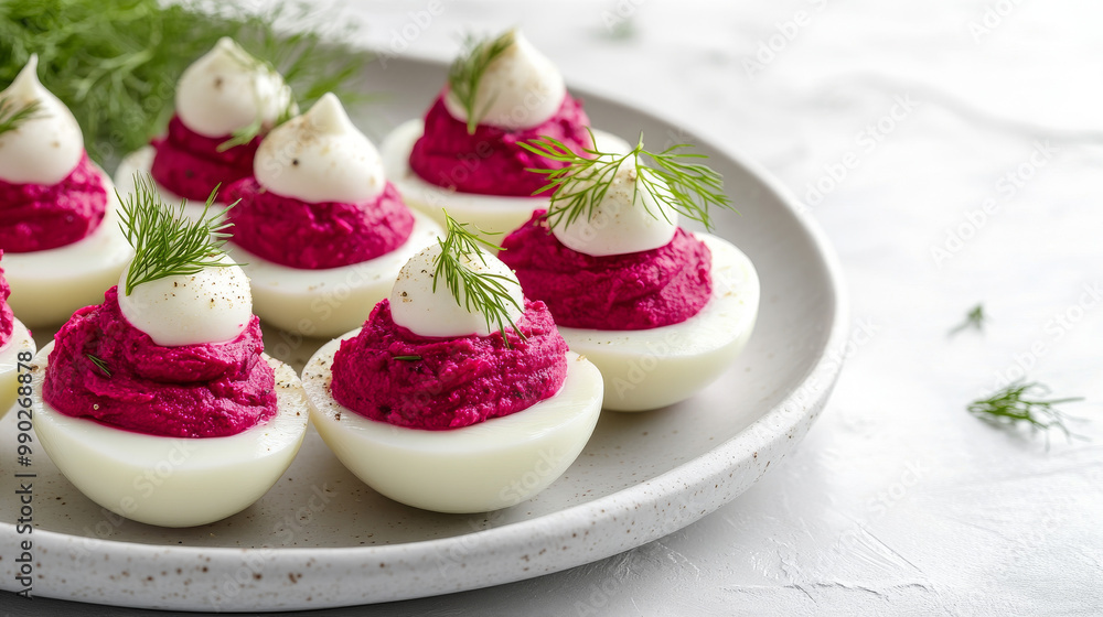Vibrant deviled eggs filled with beetroot puree, topped with a dollop of cream and garnished with fresh dill, creating a colorful appetizer.
Vibrant deviled eggs filled with beetroot puree, topped with a dollop of cream and garnished with fresh dill, creating a colorful appetizer.
