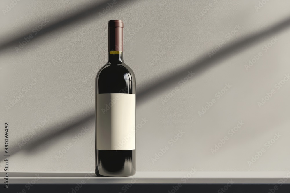 Fototapeta premium aesthetic photo of red wine bottle with blank white label mockup on gray studio background with shadows