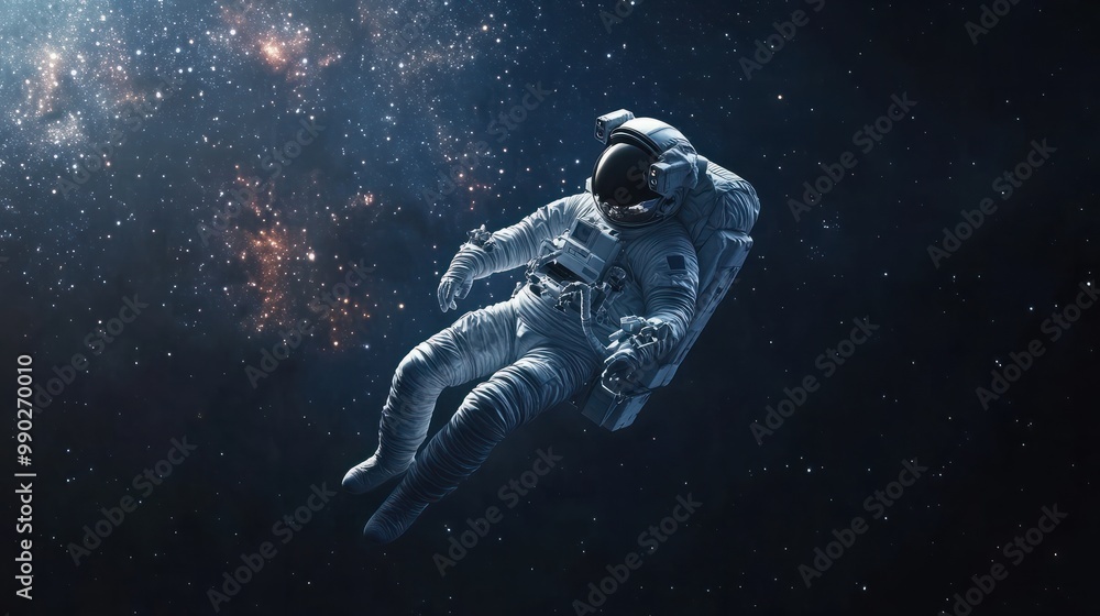 Single astronaut floating in space with dust and stars, created using generative ai technology Single astronaut floating in space with dust and stars, created using generative ai technology