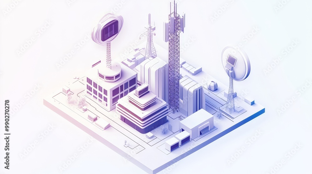 Futuristic Cityscape with Telecommunication Towers and Technological Devices Futuristic Cityscape with Telecommunication Towers and Technological Devices