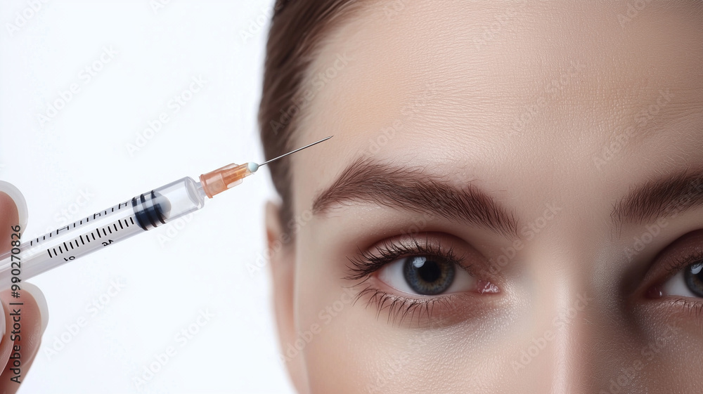 Woman's Forehead with Botox Injections, Syringe Approaching Forehead Lines for Cosmetic Treatment