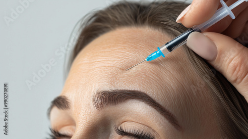 Woman's Forehead with Botox Injections, Syringe Approaching Forehead Lines for Cosmetic Treatment