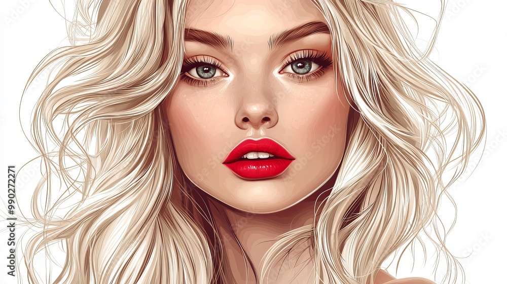 Fototapeta premium Blonde woman with wavy hair and bold red lips posing against a light background