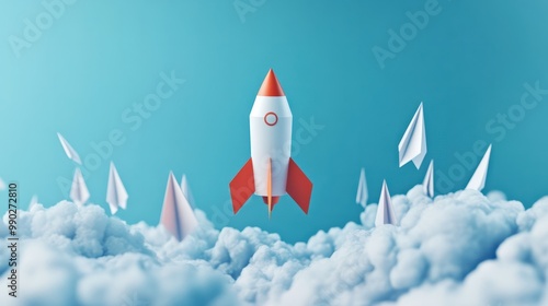 3D illustration of leadership success business concept rocket paper fly over color background lead rocket stand out of other paper rocket follower photo