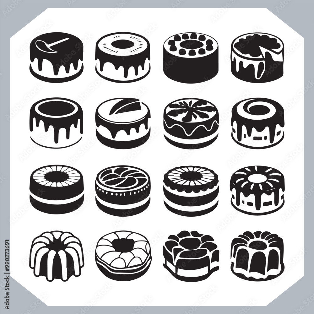 Set of cake silhouette, symbol of the cake holiday, birthday, anniversary, wedding, festive, Birthday cake icons set silhouette vector in white background Set of cake silhouette, symbol of the cake holiday, birthday, anniversary, wedding, festive, Birthday cake icons set silhouette vector in white background