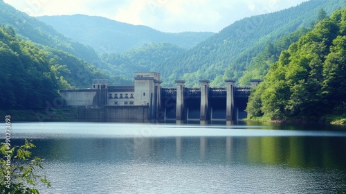 Dam Construction in Mountainous Landscape with Lush Greenery and a Calm Lake