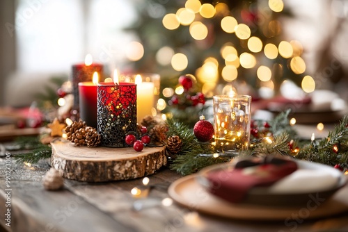 Rustic Wooden Table Decorated for Christmas Celebration