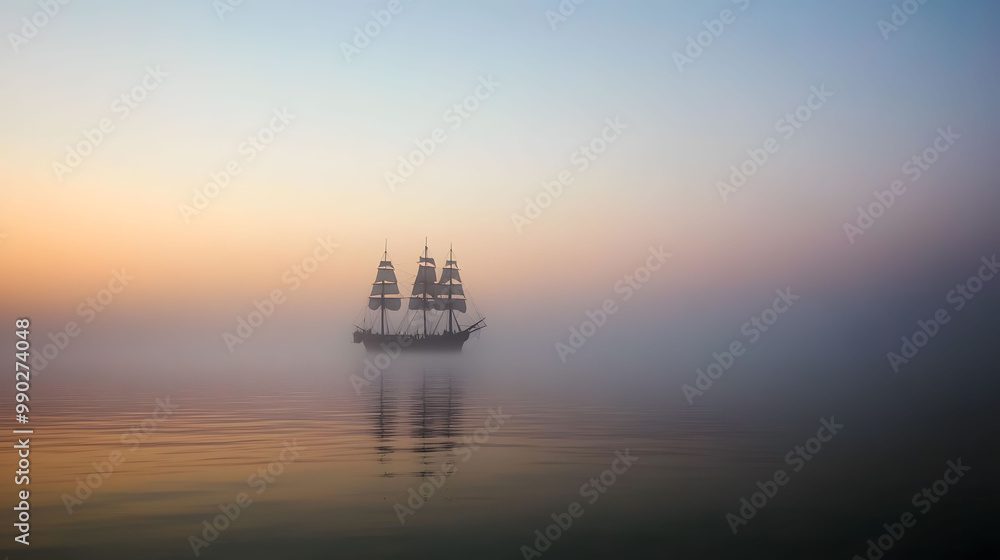 A large ship sails in the foggy water A large ship sails in the foggy water