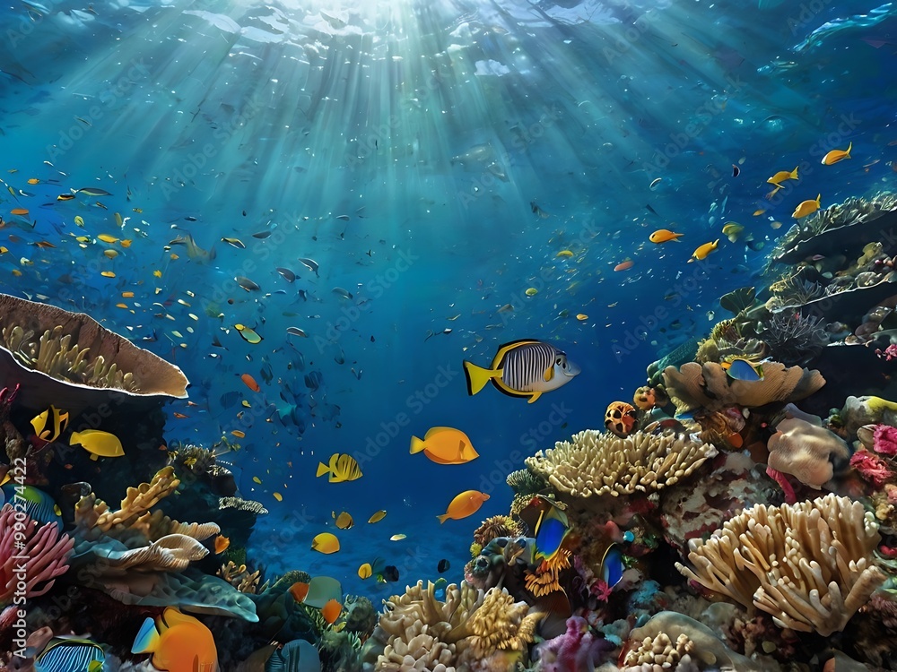 Fototapeta premium Scuba Diving Through Vibrant Reef in Clear Waters