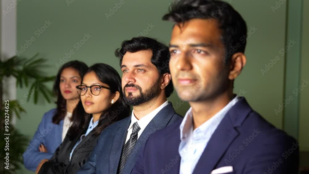 Four young Indian college graduates in professional attire, confidently looking forward to their new careers and a bright future on the first day of their jobs Four young Indian college graduates in professional attire, confidently looking forward to their new careers and a bright future on the first day of their jobs
