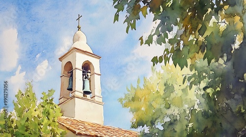 Watercolor Painting of a Church Bell Tower with a Cross on Top. photo