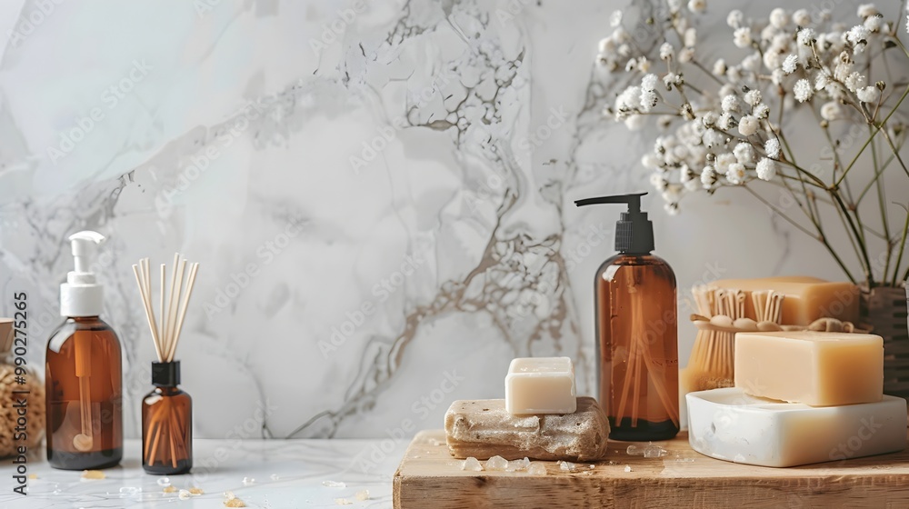 Fototapeta premium Minimalist Bathroom Essentials with Solid Shampoos and Refillable Glass Bottles for Zero Waste Lifestyle Concept