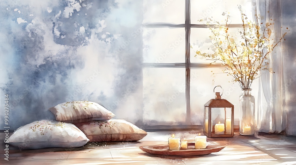 Fototapeta premium Watercolor Illustration of a Cozy Room with Pillows, Candles, and a Vase of Flowers.