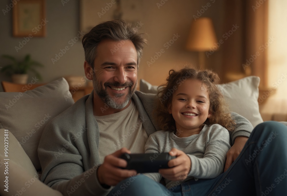 a man and a little girl are sitting on a couch playing video games a man and a little girl are sitting on a couch playing video games