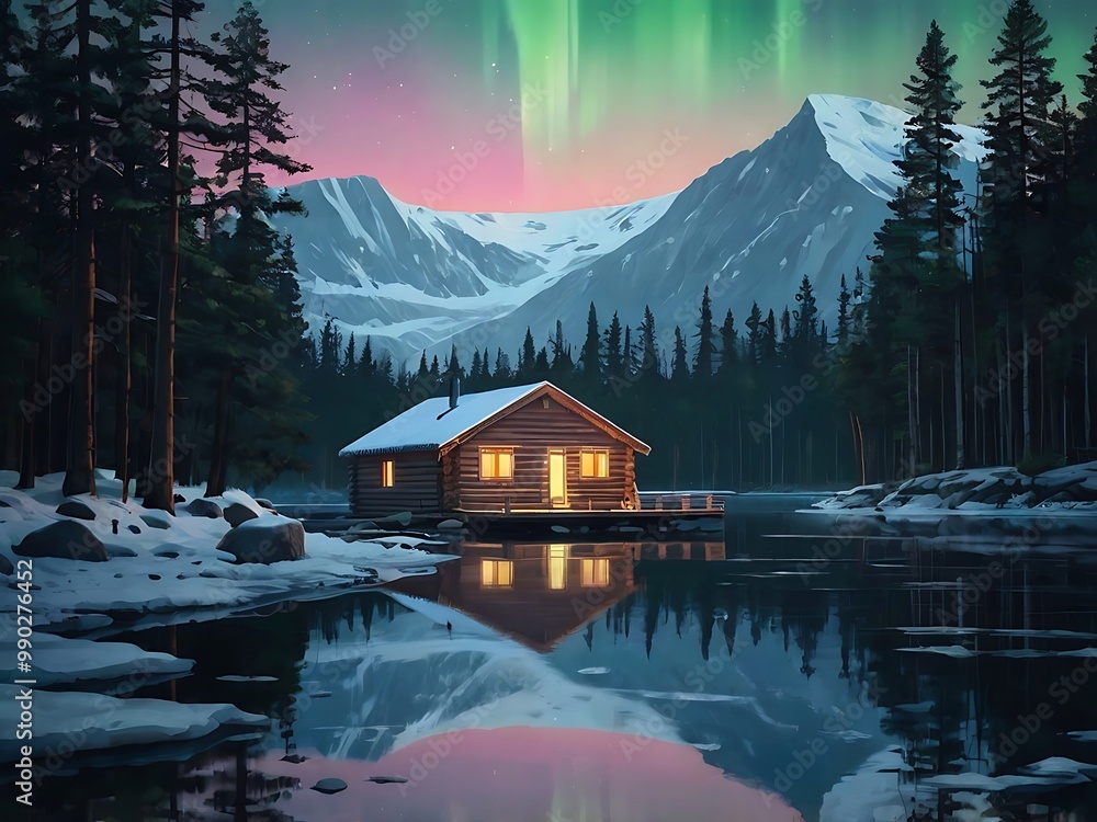 Fototapeta premium Nordic Forest Scene with Northern Lights Reflection