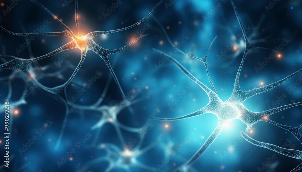Interconnected glowing blue and purple neurons with specks of light. Suitable for science, technology, medical, and educational concepts. Generative AI Interconnected glowing blue and purple neurons with specks of light. Suitable for science, technology, medical, and educational concepts. Generative AI