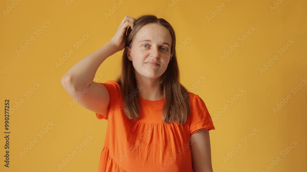 Attractive woman with brown hair wearing orange shirt showing concern while scratching her head due to dandruff and damaged hair in need of treatment and care isolated over yellow background Attractive woman with brown hair wearing orange shirt showing concern while scratching her head due to dandruff and damaged hair in need of treatment and care isolated over yellow background