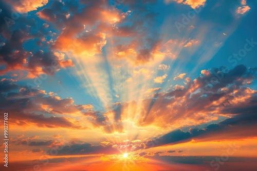 Cloud With Sun. Heavenly Sunset Sky and Sun Rays with Glowing Sunset Clouds photo