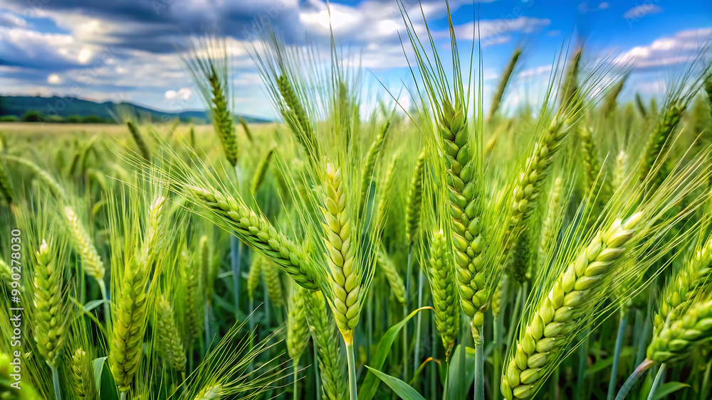 panoramic view at beautiful spring sunset in a green shiny wheat field with green wheat and golden sun rays, deep blue cloudy sky on a background
panoramic view at beautiful spring sunset in a green shiny wheat field with green wheat and golden sun rays, deep blue cloudy sky on a background